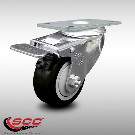 Service Caster 3.5 Inch SS Black Polyurethane Top Plate Caster with Total Lock Brake SCC SCC-SSTTL20S3514-PPUB-BLK